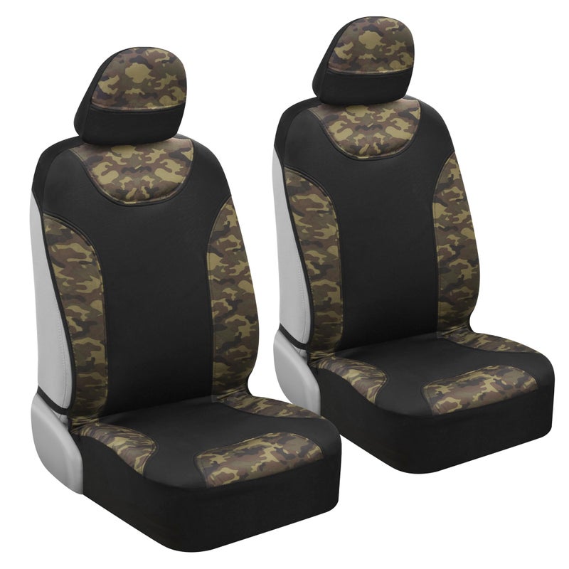 BDK Waterproof Camo Seat Covers for Car Truck Van SUV, 2 Pack â€“ Two-Tone Black & Camouflage, Durable Neoprene Seat Protectors, Sideless Design Compatible with Armrests and Airbags - Image 1